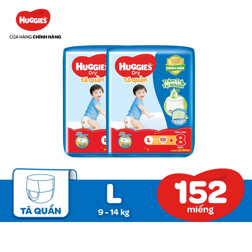Combo 2 Tã Quần Huggies Tràm Trà Tự Nhiên Dry L68 + Tặng 8 miếng