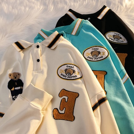 [Hàng Order] Áo Polo logo BEAR có cổ ULzzang form rộng dài tay dày dặn Unisex mới nhất thu đông 2021 PL002