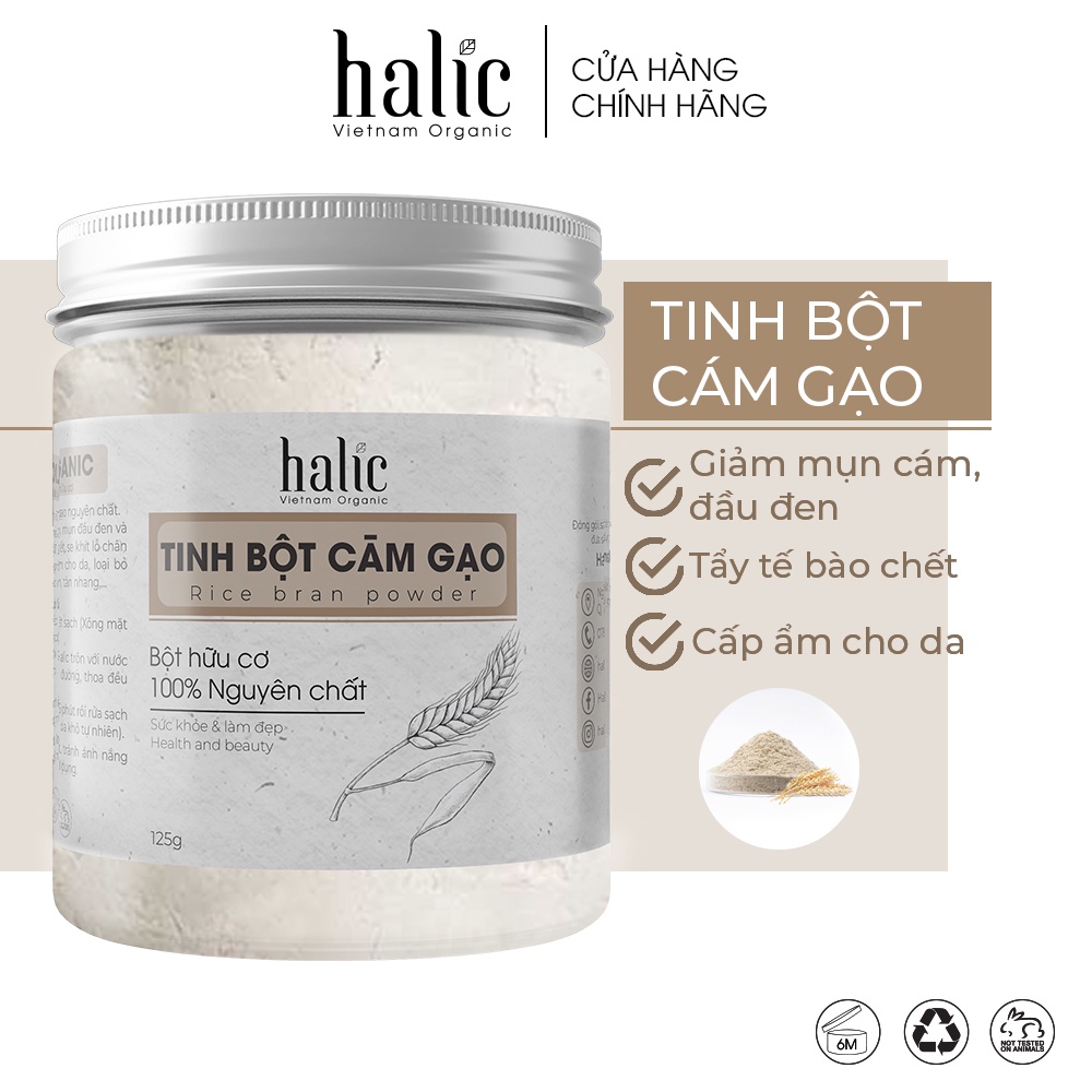 Tinh bột Cám Gạo đắp mặt nạ nguyên chất Halic Organic 125G dưỡng trắng da, tẩy da chết toàn thân hiệu quả