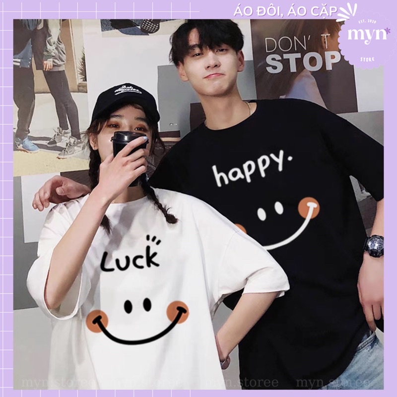 Áo Thun Tay Lỡ Nam Nữ In Chữ Luck - Happy , Áo Đôi Phông Form Rộng Unisex