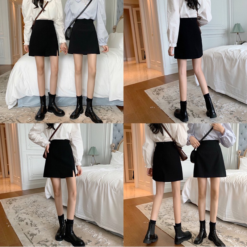 Winter Women's clothing high waist black A Line bag hip short skirt