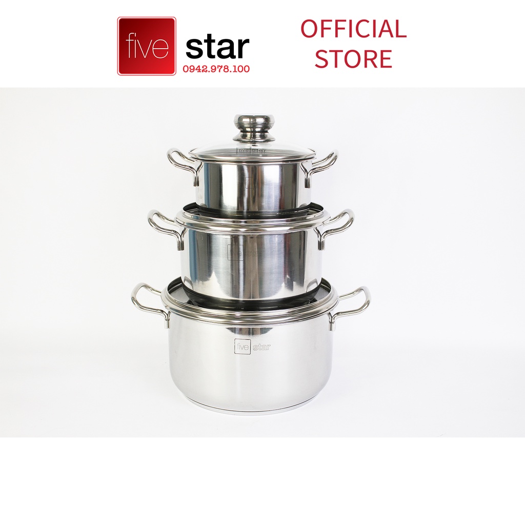 Bộ nồi chảo inox cao cấp Fivestar 4 chiếc nắp kính , tặng 2 vá canh, inox 430, dùng được bếp từ , gas, hồng ngoại