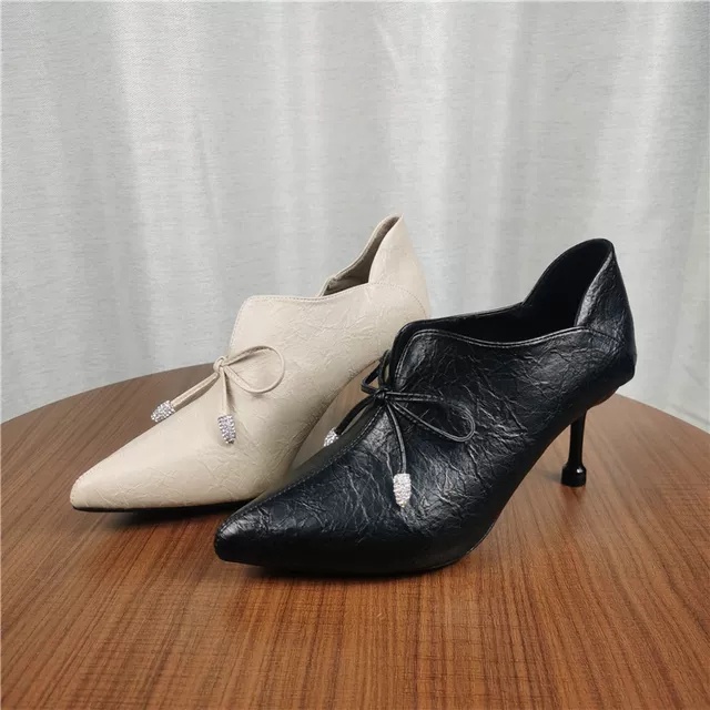 Bốt nữ cổ thấp gót nhọn 7p sang chảnh da bóng | Giày boot cao gót nữ mũi nhọn gót nhọn 7cm cổ lửng d
