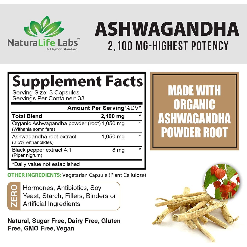 NaturaLife Labs Viên uống Ashwagandha hữu cơ 2100mg với tiêu đen giúp giảm căng thẳng, lo âu, hỗ trợ tuyến giáp 100 viên