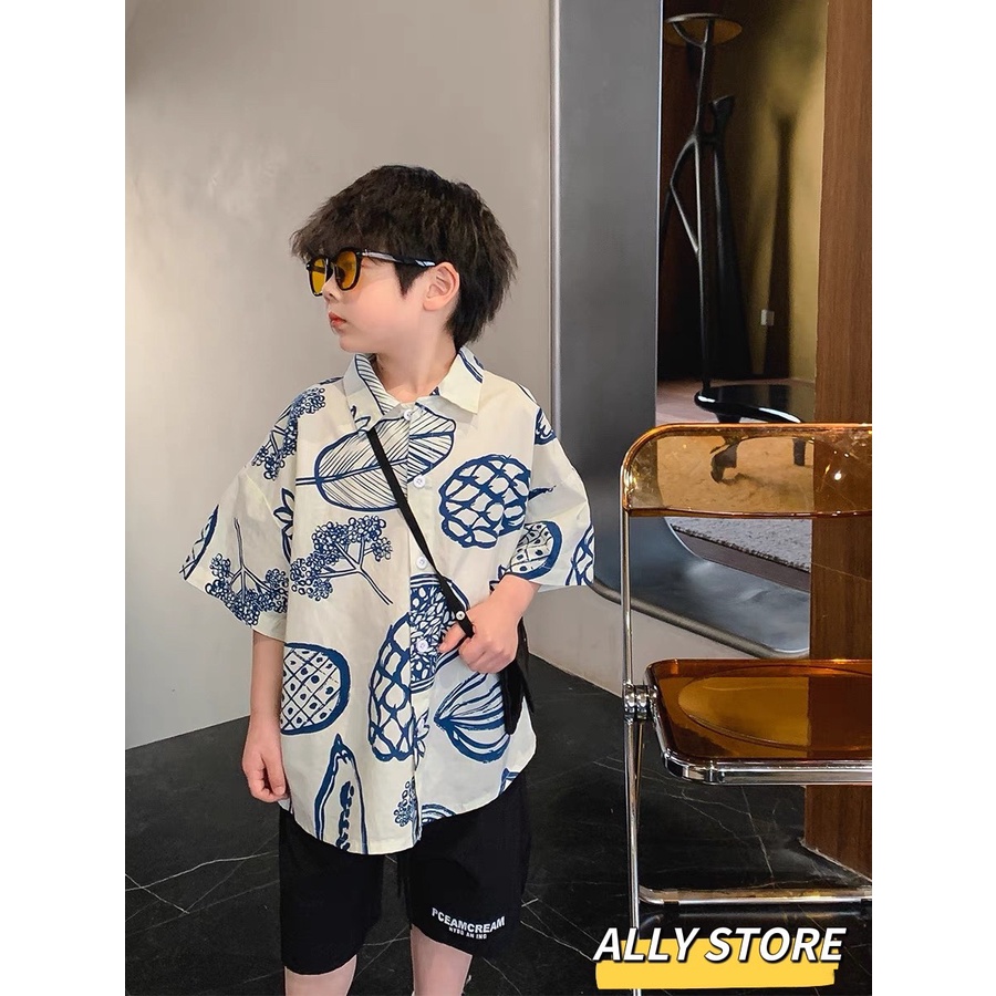 Bộ sơ mi hoạ tiết lá cá tính cho bé K250