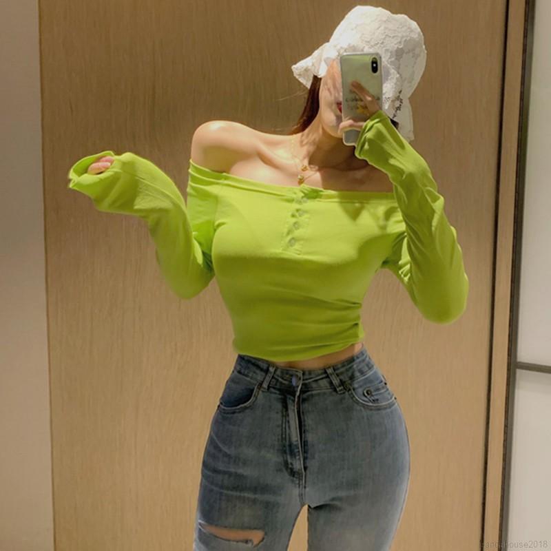 Women T-shirts Autumn Winter T-shirt Slim Slash Neck Long-sleeved Slim Off-shoulder One Neck T-shirts | BigBuy360 - bigbuy360.vn