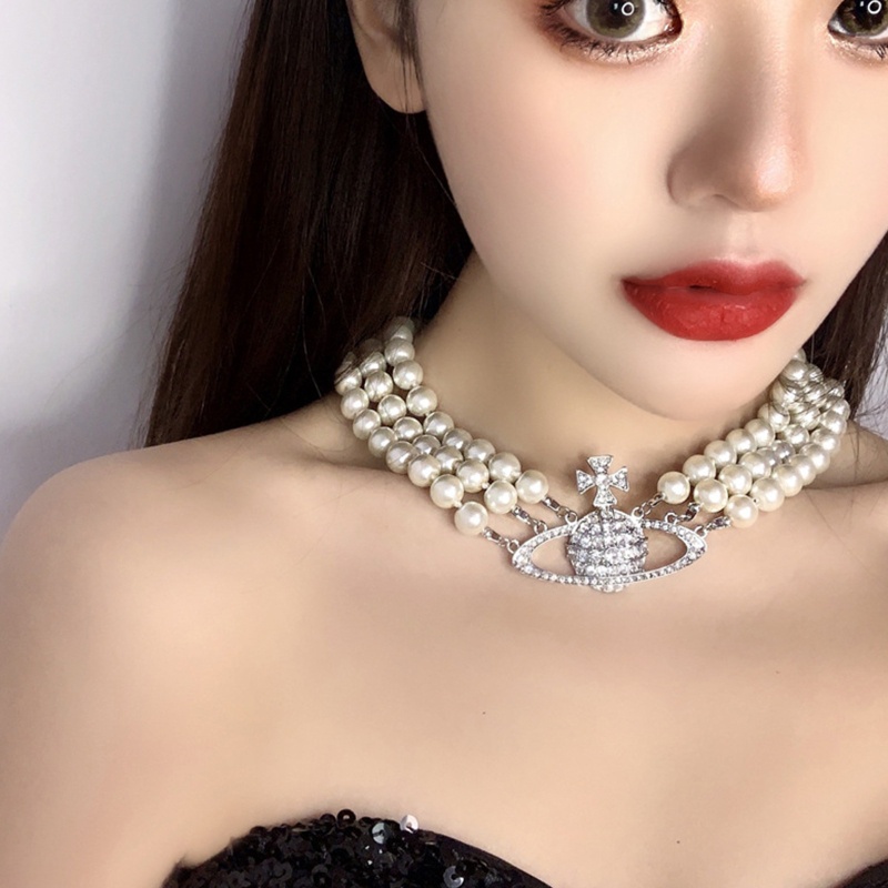 Vòng Cổ Choker Nhiều Lớp Đính Hạt Ngọc Trai Và Hành Tinh Phong Cách Baroque