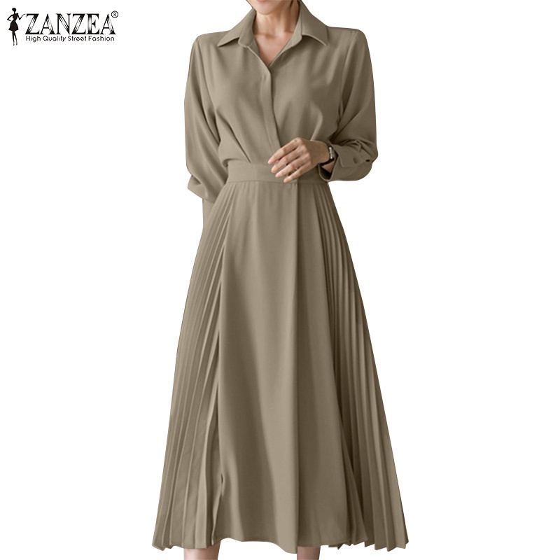 Đầm dài ZANZEA thiết kế đai eo tay dài xếp ly thời trang vintage thường ngày cho nữ