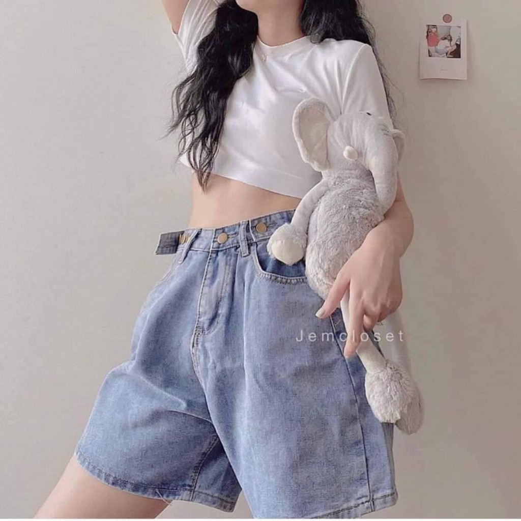Quần Short Jeans Nữ Ống Rộng Ngố Bò Nút Hông có cúc eo, chất bò mềm mịn
