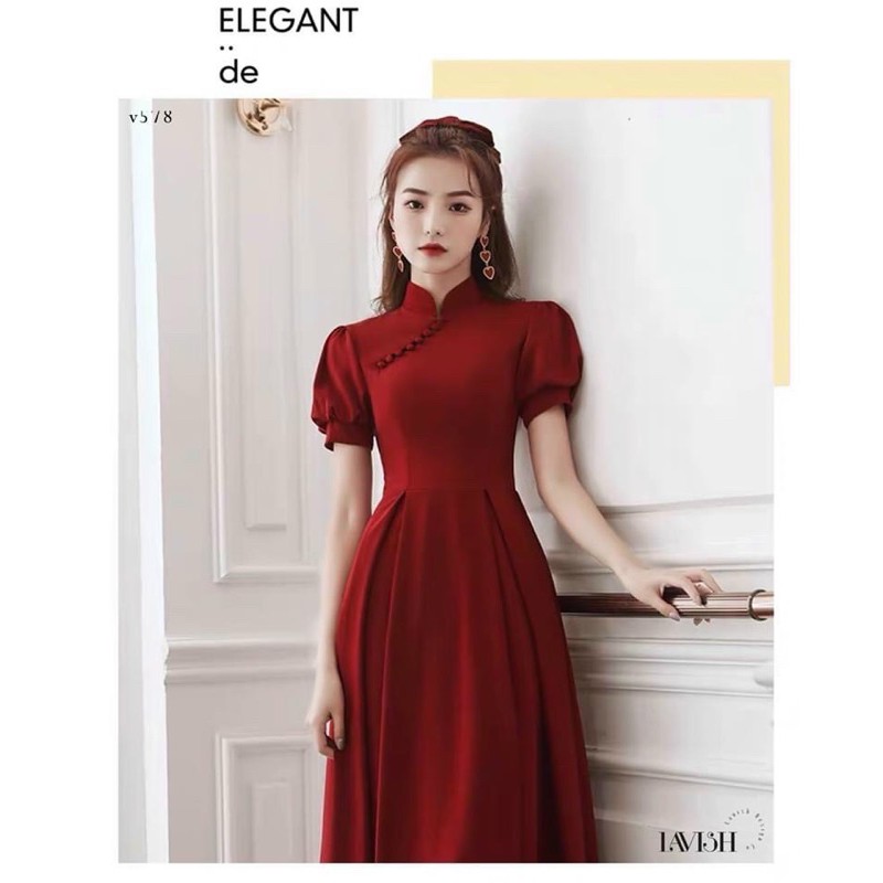 ĐẦM MIDI ĐỎ CỔ TÀU NÚT BỌC