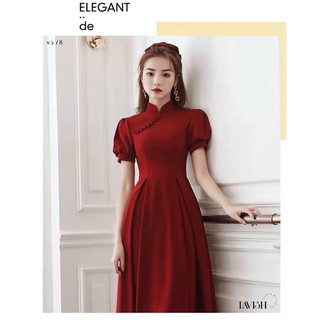 Đầm midi đỏ cổ tàu nút bọc