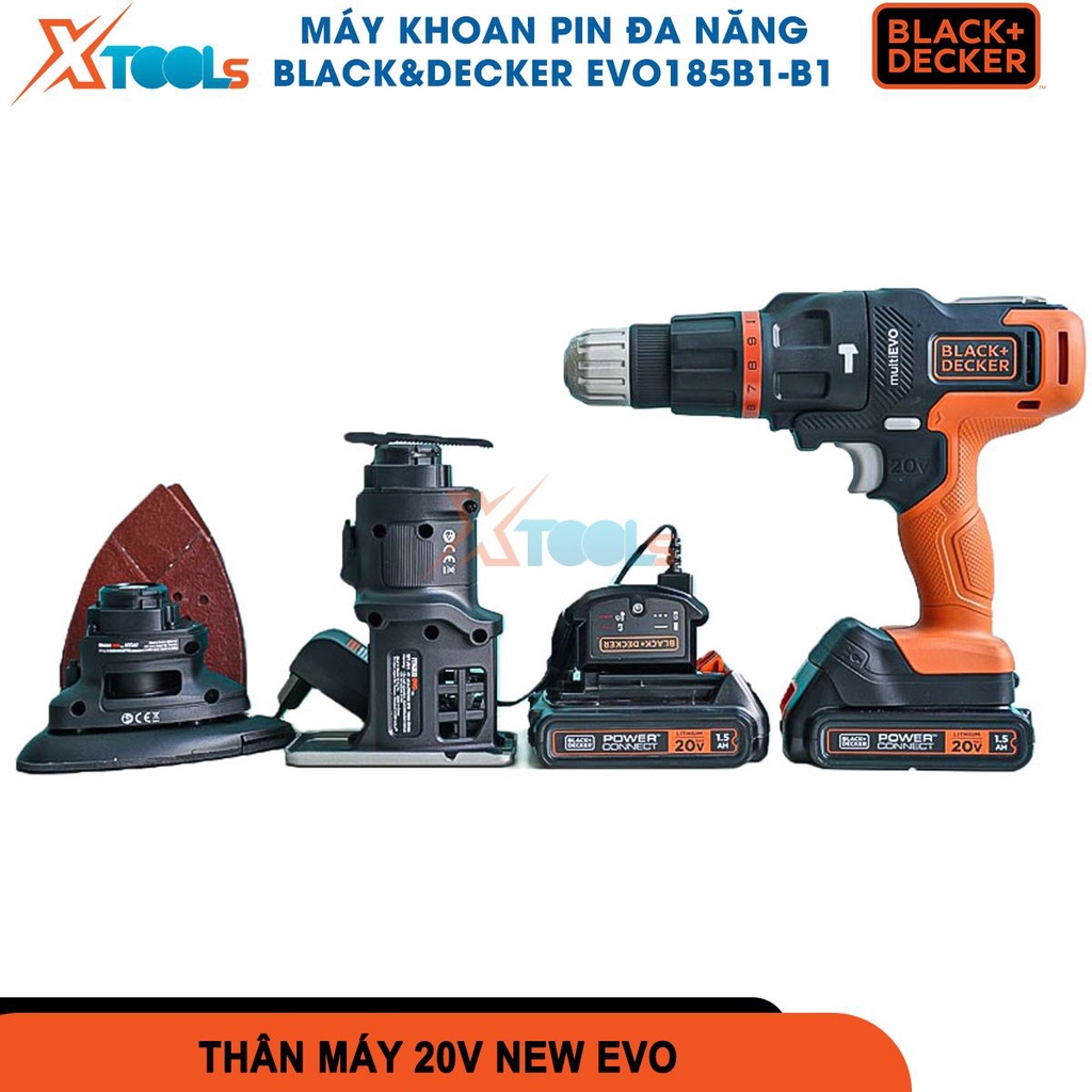 Máy khoan pin đa năng Black&amp;Decker EVO185B1-B1, pin 18V chức năng khoan búa, chà nhám, lực siết 26NM [CHÍNH HÃNG][XTOOLS