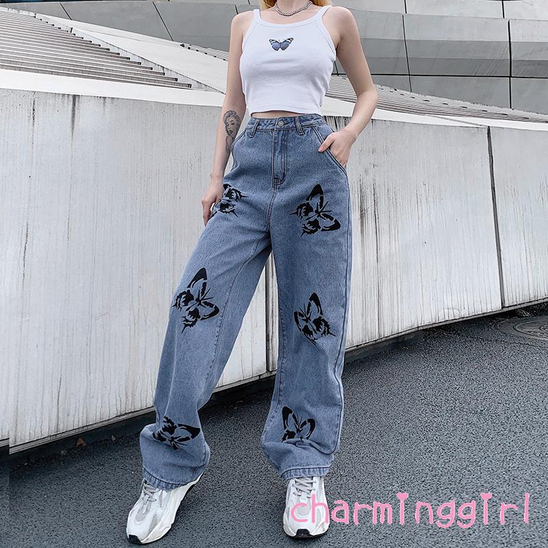 Quần jeans dài ống rộng lưng cao thời trang cho nữ