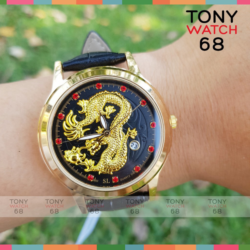 Đồng hồ nam SL dây da mặt rồng nổi mạ vàng đá xanh đỏ có lịch quyền lực chính hãng Tony Watch