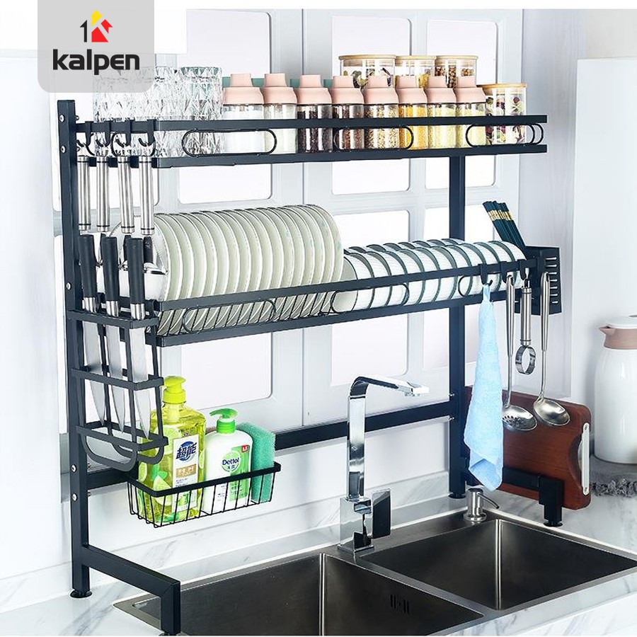 Kệ Để Chén Đĩa 2 Tầng Thông Minh Trên Bồn Rửa Sơn Đen Cao Cấp Kalpen, Rộng 95cm model KB2K95