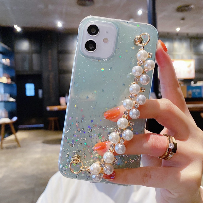Ốp Điện Thoại Mềm Đính Ngọc Trai Lấp Lánh Chống Sốc Kèm Dây Đeo Tay Cho iPhone 12 13 Pro Max 13