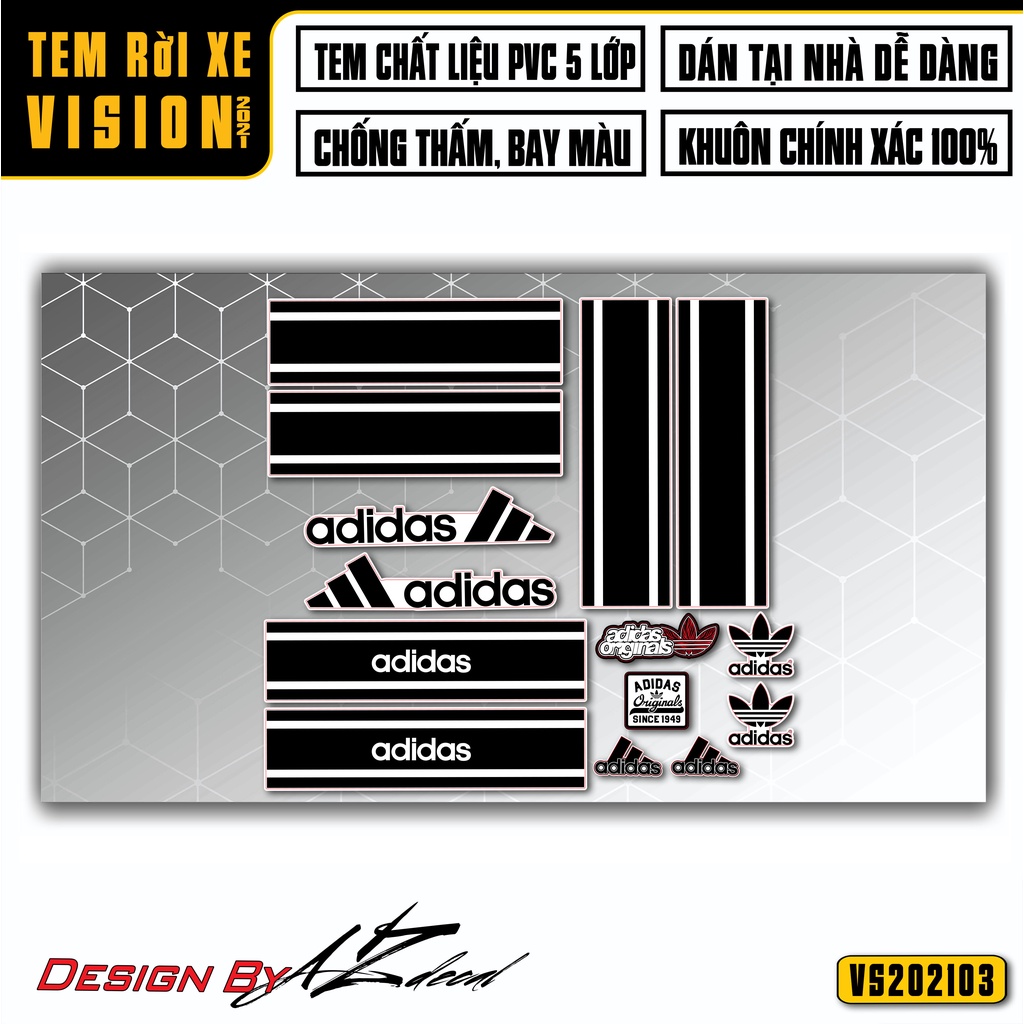 Tem Adidas Dán Xe Vision 2015 - 2021 | VS03 | Chất Liệu Decal Chống Nước, Bền Màu, Tem Cắt Khuôn Rời Dễ Sử Dụng