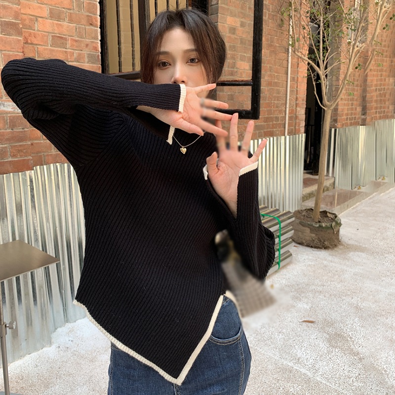 Áo Sweater Dệt Kim Cổ Lọ Tay Dài Dáng Ôm Thiết Kế Lệch Tà Thời Trang Quyến Rũ Cho Nữ