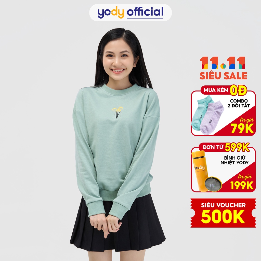 [Mã WABR2711 giảm 10% đơn 250K] Áo nỉ nữ YODY dài tay cổ tròn thêu hoa vải min không xù ATN4416 | BigBuy360 - bigbuy360.vn