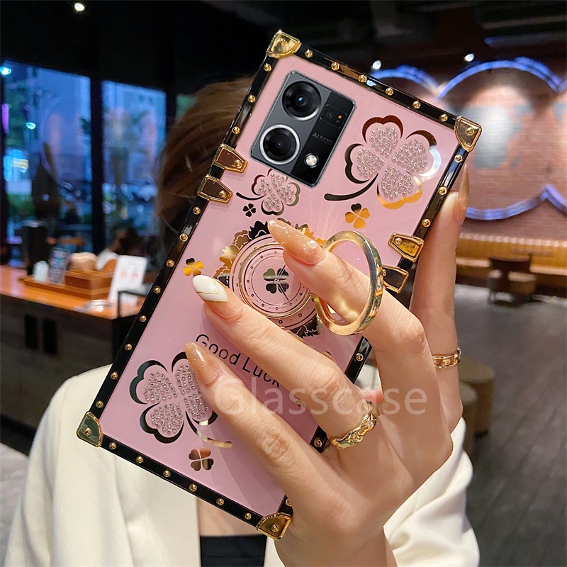 Ốp Điện Thoại Hình Cỏ Ba Lá Đính Đá Gắn Nhẫn Đỡ Cho Oppo Reno 7 7Z 8 5 6 Pro Reno7 Reno8 Z 4G 5G