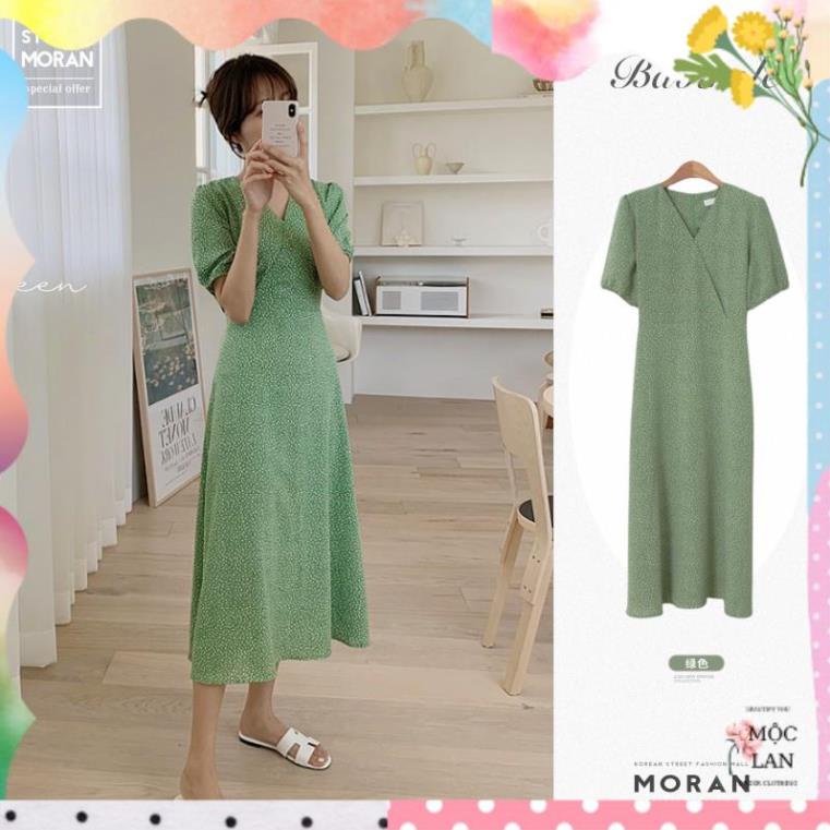 Váy MORAN hoa li ti màu xanh lá cổ V thắt eo đơn giản vintage nhẹ nhàng Hàn Quốc