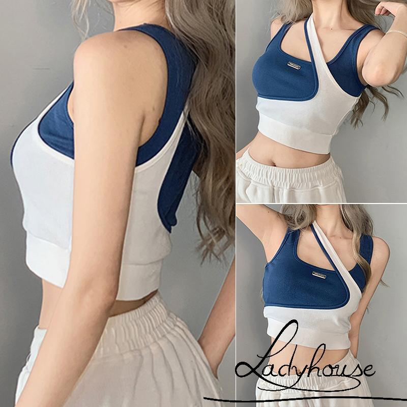 Áo Không Tay Giả Hai Lớp Màu Sắc Tương Phản Thời Trang Đường Phố Cho Nữ