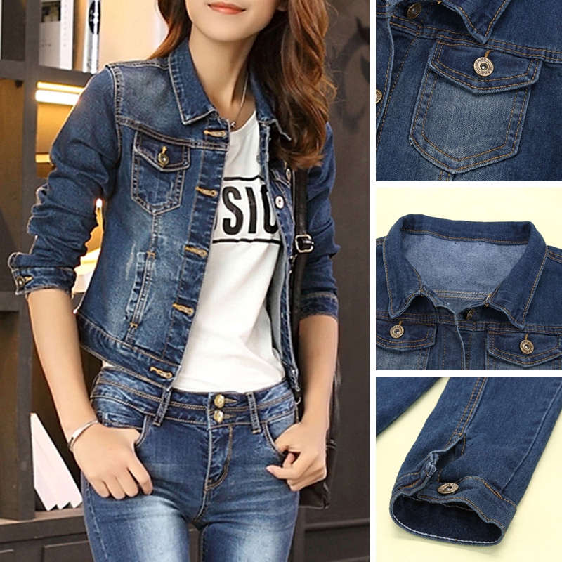 Women Casual Cool Long Sleeve Lapel Denim Coat Jacket Jean Short Outerwear