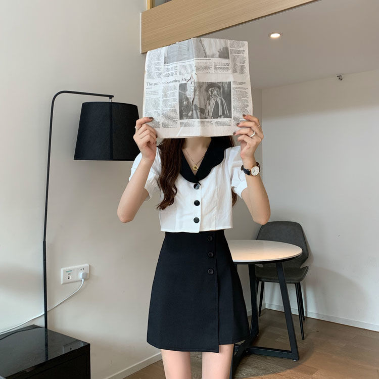 suit new short sleeve shirt+stitching skirts Two piece set