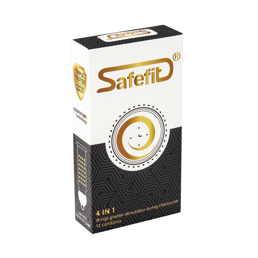 Bao cao su SafeFit - 4in1 (gân, gai, cổ thắt và benzocaine - long.time). BCS chất lượng cao công nghệ Đức