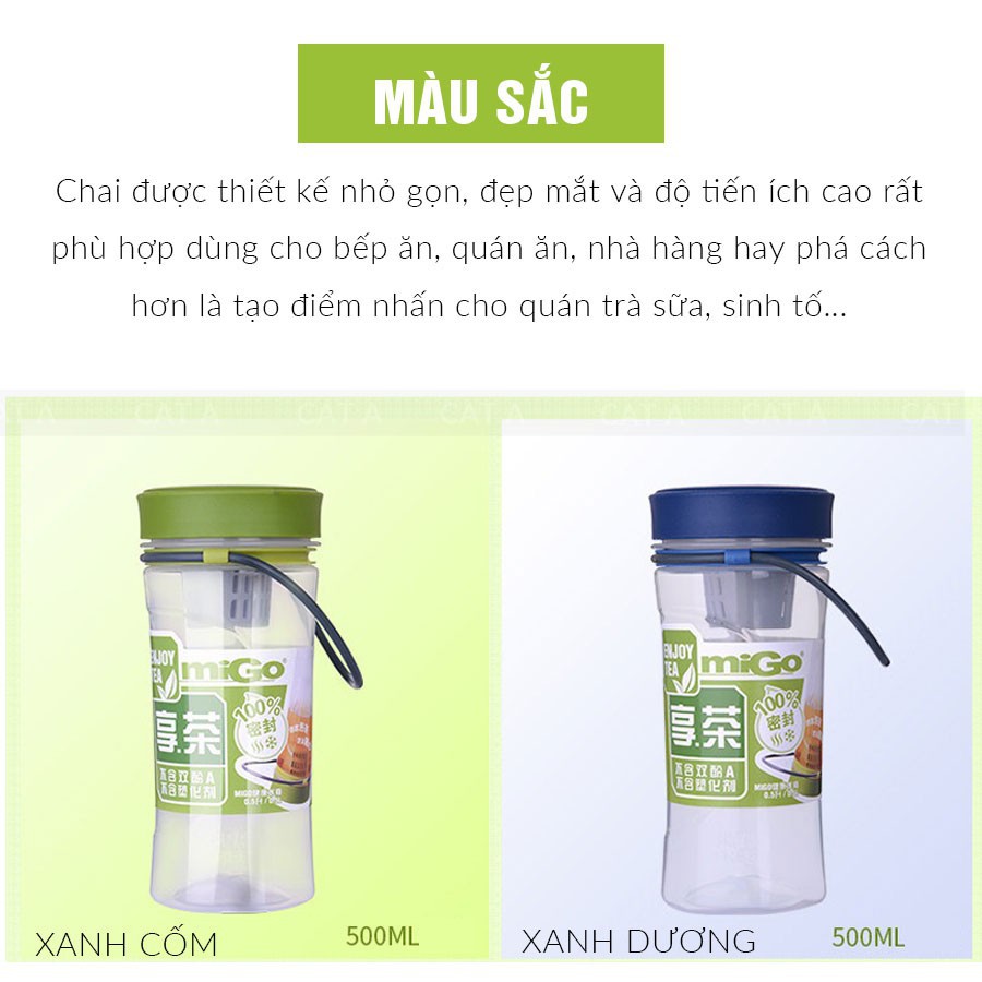 [500ml - 1522] BÌNH ĐỰNG NƯỚC FREE MIGO, BÌNH NƯỚC BẰNG NHỰA  BPA  Cao cấp  - An toàn, trong suốt, có rây lọc, quai xách