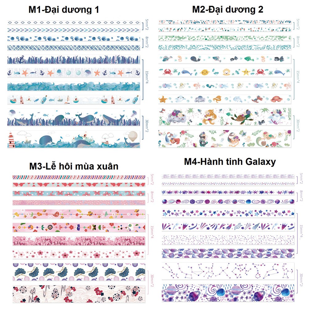 Set 10 Cuộn Băng Dính Washi Tape Trang Trí Scrapbook, Planner M2