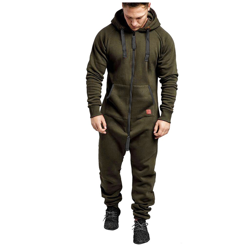 janesame_Men Pure Color Splicing Autumn Winter Casual Hoodie Print Zipper Print Jumpsuit