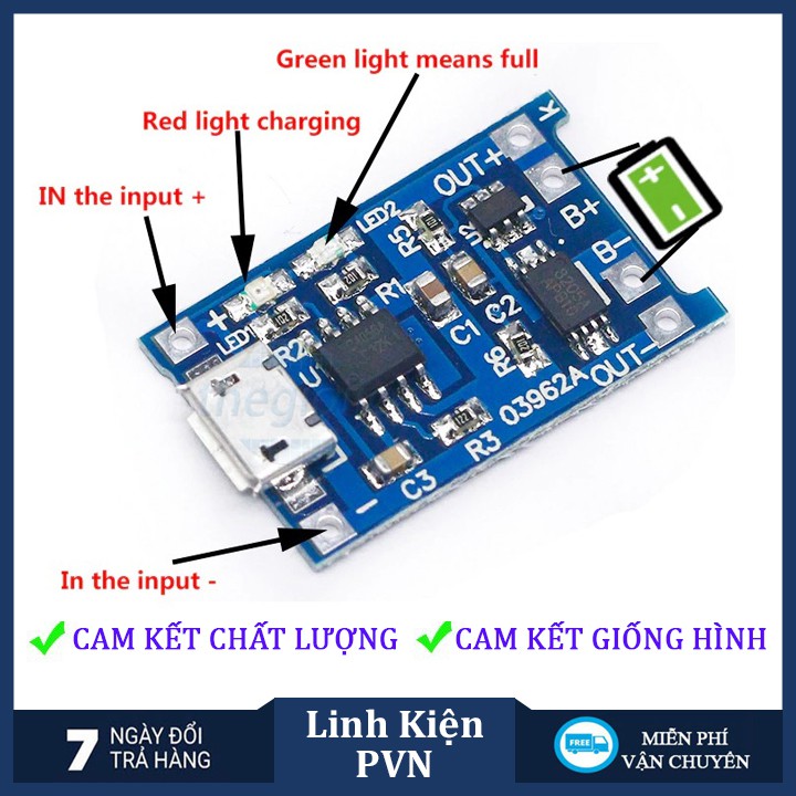 Mạch Sạc pin 1S Lithium - Li-ion - 18650 TP4056 Có Bảo Vệ Pin