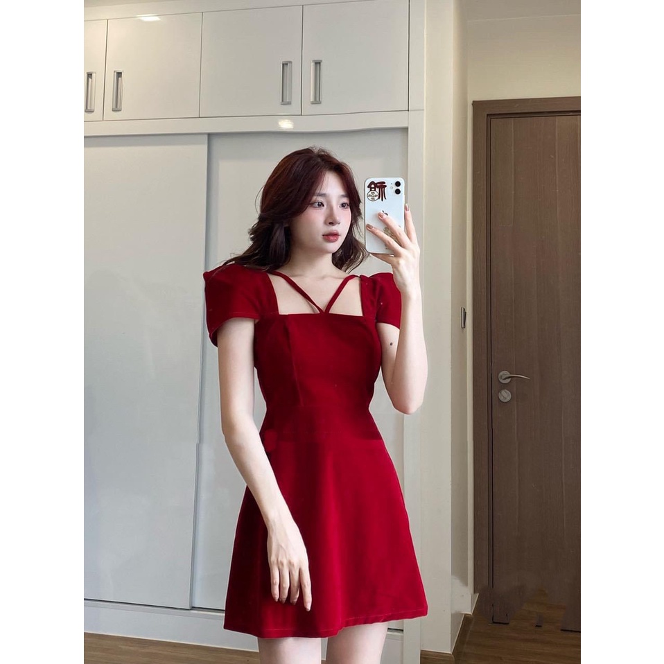 Đầm nhung nữ Quảng Châu thiết kế cộc tay cúp ngực siêu xinh, Váy dự tiệc nữ sang trọng rẻ đẹp