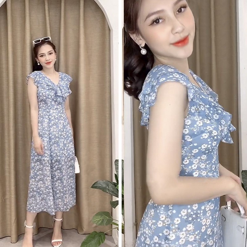 Đầm Nữ Dự Tiệc, Váy Nữ Xanh Hoa Trắng Dáng Ôm, Dáng Tay Ngắn Tay Đẹp Min Clothing