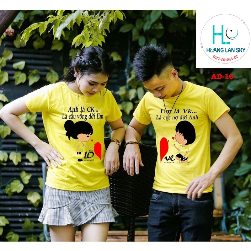 Áo Thun Cặp Áo Đôi Đồ Đôi Nam Nữ Màu Vàng In Hình Nam Nữ Kèm Chữ Đáng Yêu Love AD-16