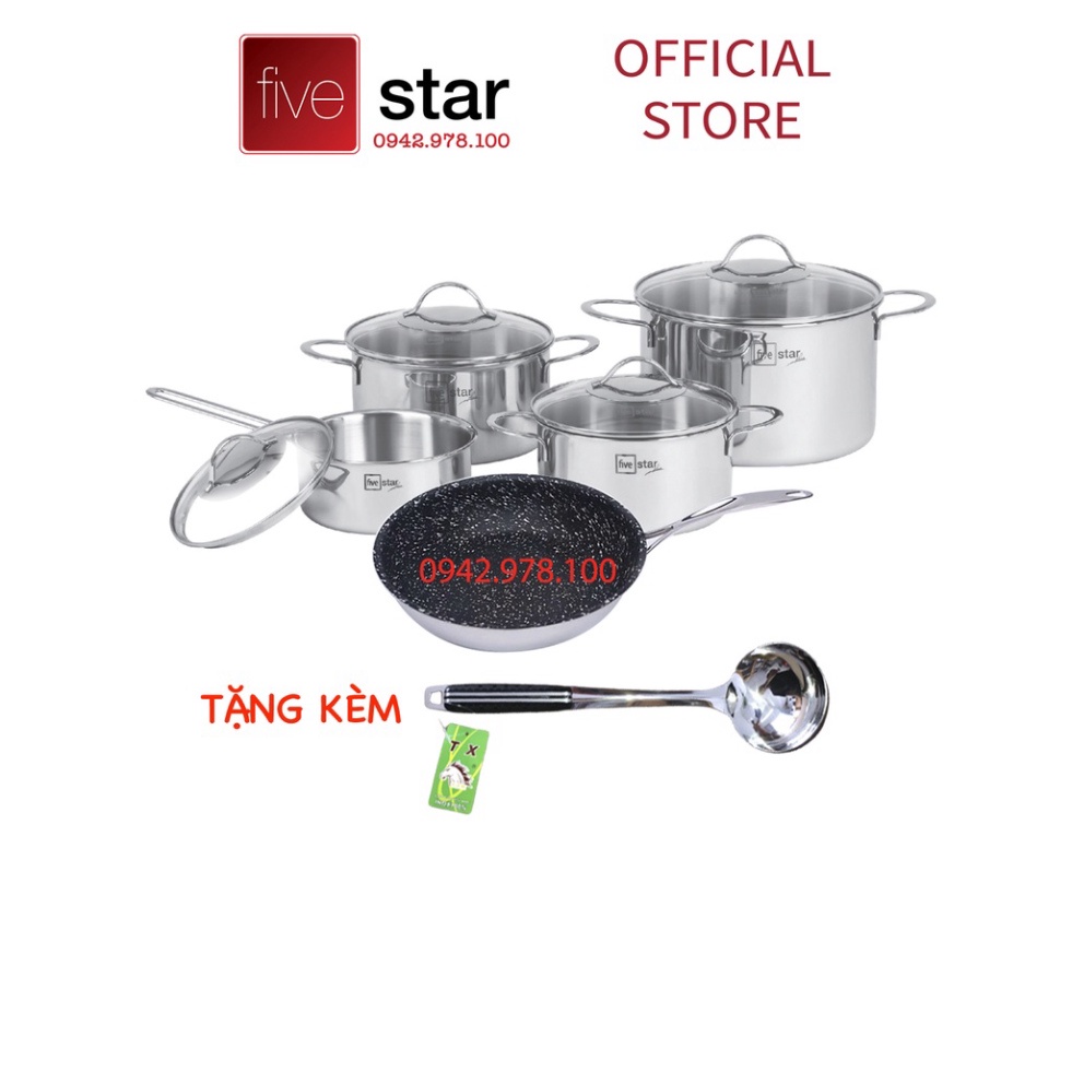 Bộ nồi chảo chống dính vân đá 3 lớp đáy liền inox 304 Fivestar Plus 5 món quai oval nắp kính , tặng 1 vá canh