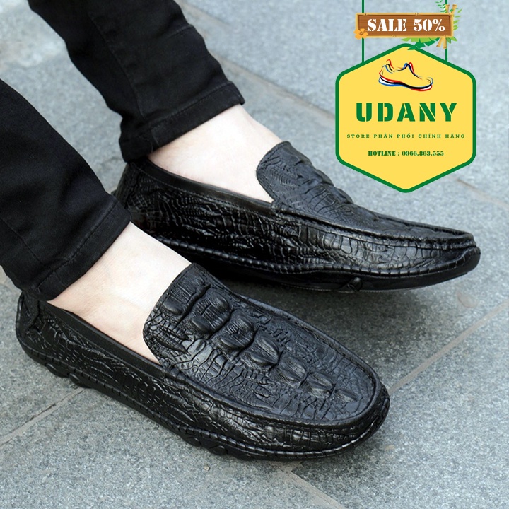 GIÀY LƯỜI, GIÀY MỌI NAM DẬP VÂN CÁ SẤU BẢO HÀNH DA 12 THÁNG - GIÀY DA BÒ THẬT 100% - UDANY SHOP 666