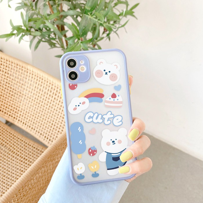 Ốp lưng iphone Roro &amp; White Bear nhám viền nổi cong 6/6plus/6s/6splus/7/7plus/8/8plus/x/xr/xs/11/12/pro/max/plus/pro