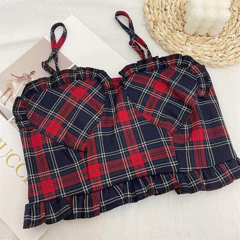 áo 2s 2 dây kẻ đỏ mix viền bèo ngực (ko có mút ngực)