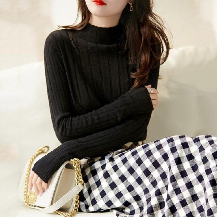 Áo Sweater Dệt Kim Tay Dài Cổ Lọ Dễ Phối Đồ Cho Nữ