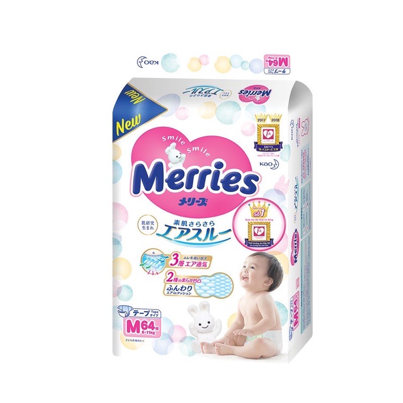 TÃ/BỈM DÁN MERRIES SIZE M 64+4 MIẾNG 6-11kg