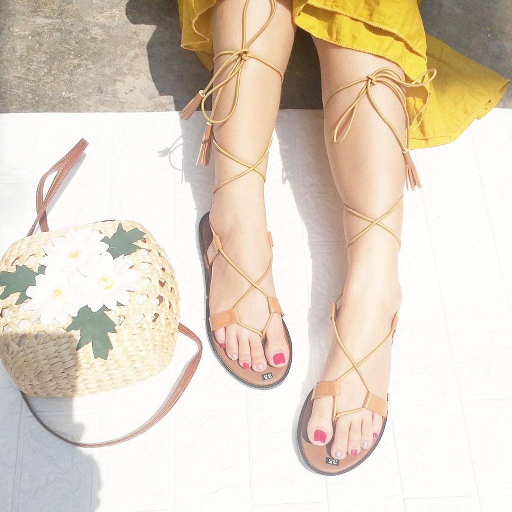 Sandal buộc dây tua rua sợi nhỏ vintage đi biển