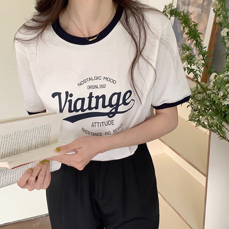 Áo thun SUXI cotton tay ngắn dáng rộng in chữ phối màu sắc tương phản thời trang mùa hè cho nữ