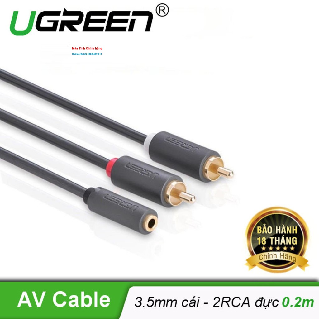 Cáp chuyển âm thanh jack 3.5mm cái sang 2 đầu hoa sen RCA đực dài 20CM UGREEN 10561 (màu đen) - Hàng Chính Hãng