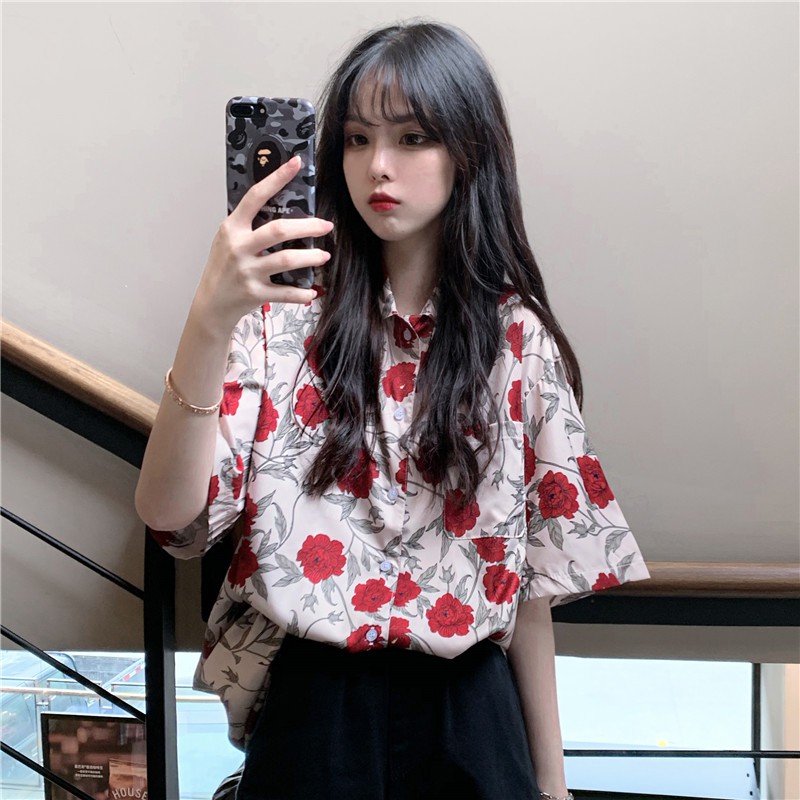 Áo sơ mi chiffon from rộng unisex in hoa hồng phong cách retro Hàn Quốc