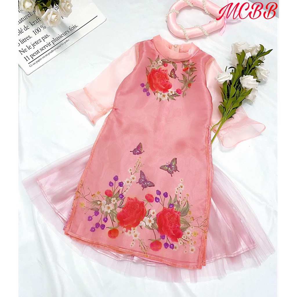 Mcbb 9-24kg tặng mấn áo dài cho bé gái áo dài cách tân bé gái tay lỡ lụa thêu hoa cỏ quần áo trẻ em nữ đi chơi 1-16 tuổi