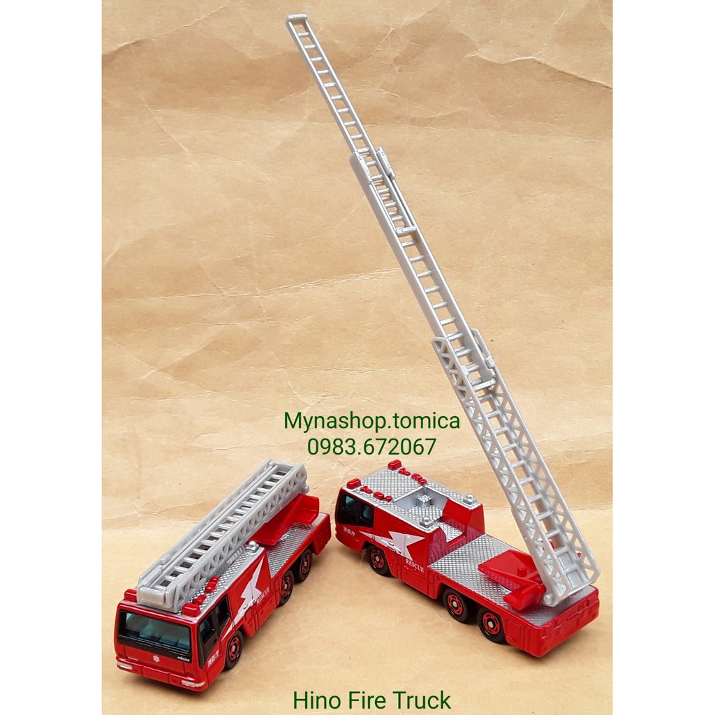 Đồ chơi mô hình tĩnh xe tomica không hộp, Hino Fire Truck, cứu hỏa thang, bánh xe màu đỏ