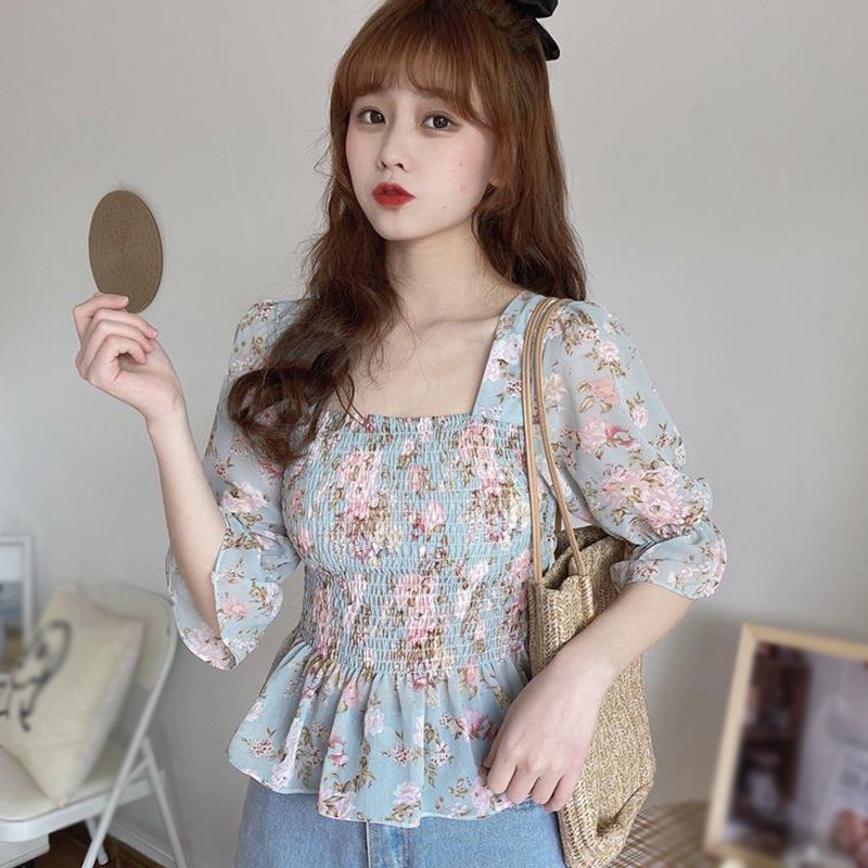 Áo Kiểu Chất Chiffon Tay Ngắn Cổ Vuông Hoạ Tiết Hoa Nữ Tính