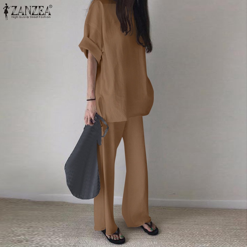 Bộ đồ dáng rộng thường ngày ZANZEA với áo kiểu cổ tròn và quần dài ống rộng eo thun cho nữ